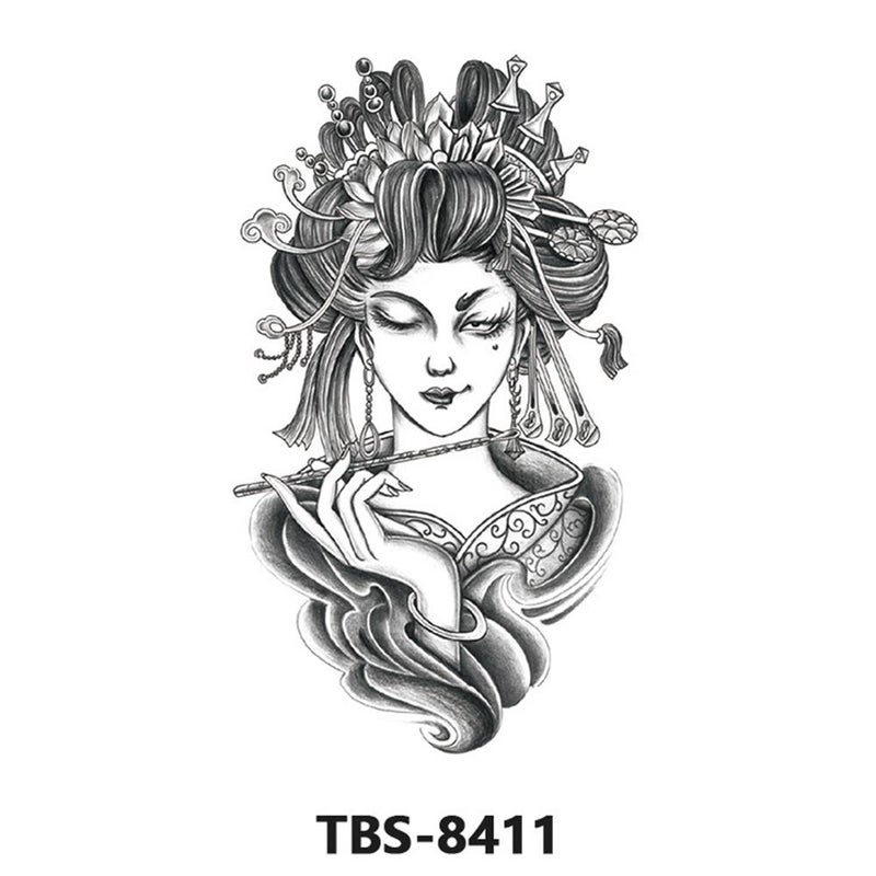 Waterproof temporary tattoo stickers, full sleeve geisha temporary tattoo stickers, large image, black and white, color, full sleeve tattoo, 1 piece.